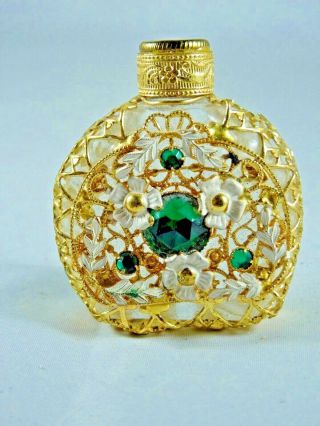 Antique Collectable Small Glass Perfume Bottle,  Gold Tone & Jewel Floral Trim