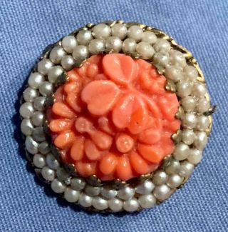 Vintage Antique Mosaic Pin Brooch Rare Pink Coral Faux Pearl Round