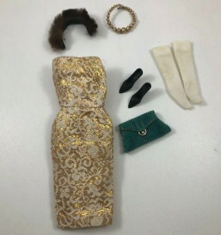 Vintage Barbie Gold Lame Sheath Dress Velvet Purse Pearls Shoes Gloves 1963