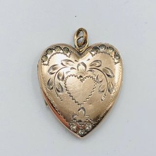 Antique Vintage Gold Filled Clear Stones Floral Etched Heart Locket Pendant