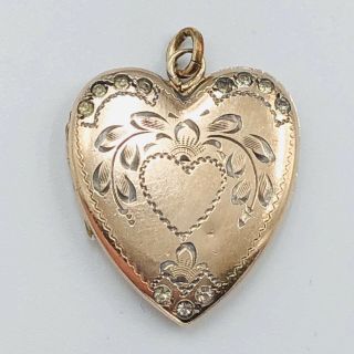 Antique Vintage Gold Filled Clear Stones Floral Etched Heart Locket Pendant 2