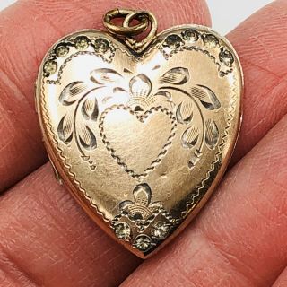 Antique Vintage Gold Filled Clear Stones Floral Etched Heart Locket Pendant 3