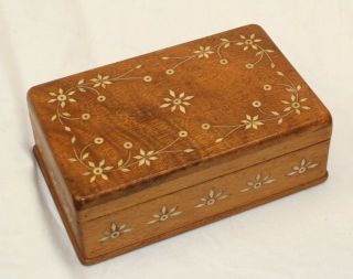 Vintage Cream White Inlay Wooden Hinged Jewelry Trinket Cigar Style Box Chest