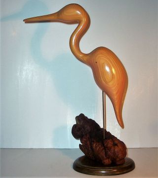 Old Egret Heron Hand Carved Wood Art Sculpture Statue Figurine Vintage Antique