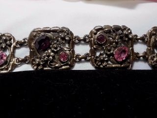 Vintage Antique Gold Repousse Floral Pink Purple Rhinestone Panel Bracelet