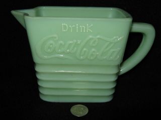Rare Vintage Ribbed Art Deco Green Jadeite Glass Drink Coca Cola Creamer Pitcher