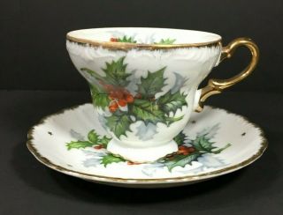 Vintage Fine Bone China Cup And Saucer Norcrest Japan Christmas Holly