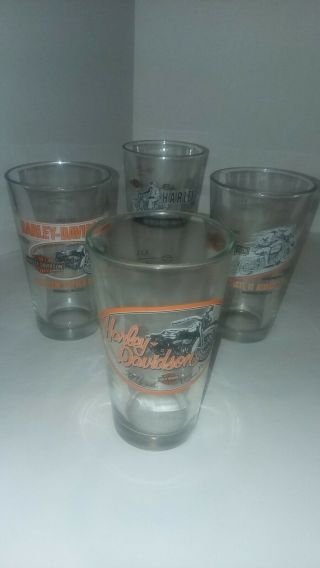 Harley Davidson Motorcycle Drinking Glasses Set Of 4 12 Oz Rare Glass