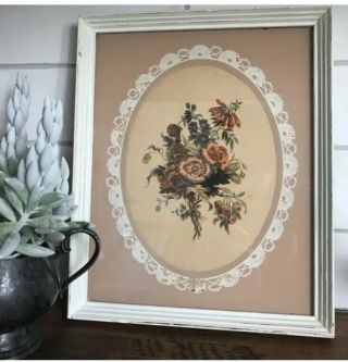 Vintage Botanical Floral Art Print With Painted Decorative Glass & Framed