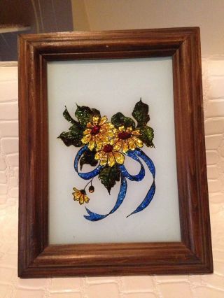 Shiny Handcrafted Vintage Metallic Foil Art With 9 " X7 " Wood Frame Flowers Ribbon