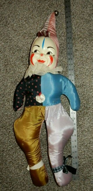 Wonderful Vintage 30 " Harlequin Jester Plastic Face Clown Doll Unknown Maker