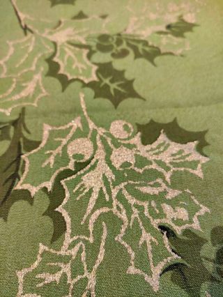 Vtg California Handprint? Christmas Tablecloth Green Metal Gold Holly Large Rare