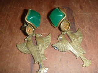 Vintage Antique Rare Art Deco Brass Clip Earrings  Bird