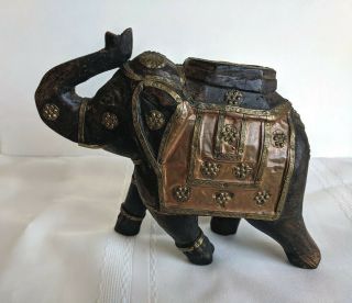 Indian Antique Hand Carved Wooden Ceremony Elephant With Ornate Copper Brass