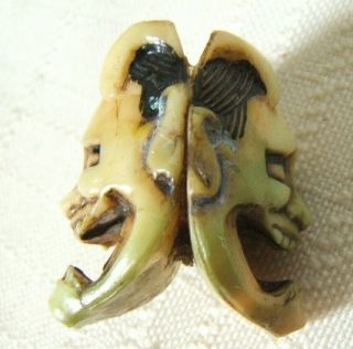 Japanese 19th Century Carved Stag Horn Bead Oni Double Sided