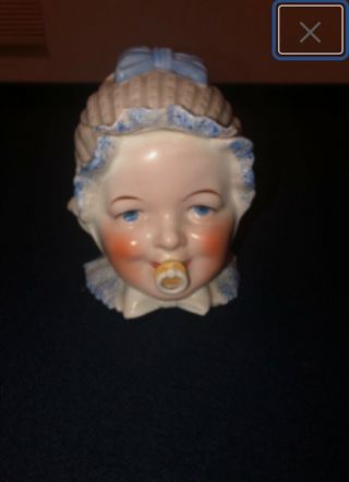 Majolica Blue Eyed Baby Pacifier Humidor Tobacco Jar 1920s Antique
