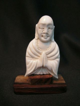 Chinese Hand Carved Buffalo Bone Statue Of Lohan Buddhist Deity Okimono Style