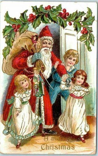 Victorian Santa Claus With Happy Children 1909 Antique Christmas Postcard - M549