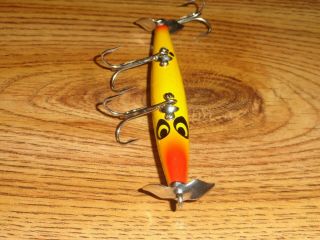 Vintage Fishing Lure Wooden Smithwick Devils Horse F - 100 Yellow Green Back 4 "