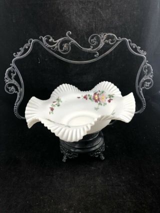 Antique Victorian Hand Painted Ruffled Satin Glass Wedding Basket Rogers