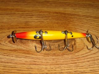 Vintage Fishing Lure Wooden Smithwick Devils Horse F - 100 Yellow Green Back 3 3/4