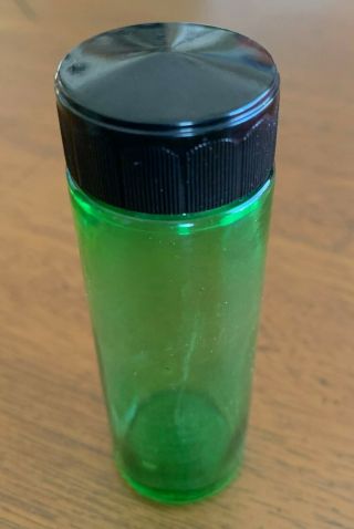 Antique 3.  75 " Green Glass Medicine Apothecary Bottle Jar W Mark & Black Cap Lid