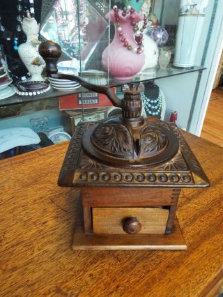 Primitive Vintage Farmhouse Wood & Cast Iron Table Top Coffee Bean Mill Grinder