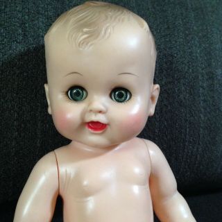 Mid Century Vtg 12 " Arrow Plastics Rubber Baby Doll Molded Hair Green Sleep Eyes