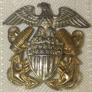 Antique Us Navy Officer Sterling Silver / 10k Gold Eagle Anchor Brooch / Pin