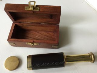 Vintage Nautical Brass & Leather Spyglass Telescope In Wooden Marine Anchor Box