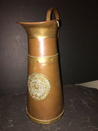 Stunning Vintage Copper And Brass Pitcher With Aztec Medallion Rare Find