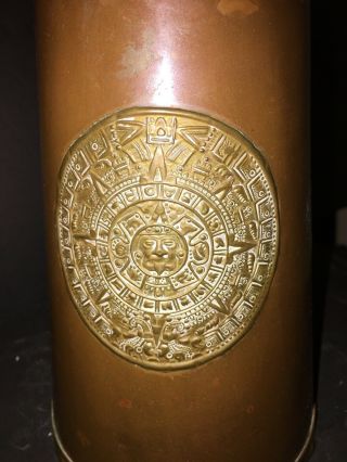 STUNNING Vintage Copper And Brass Pitcher With Aztec Medallion RARE FIND 2