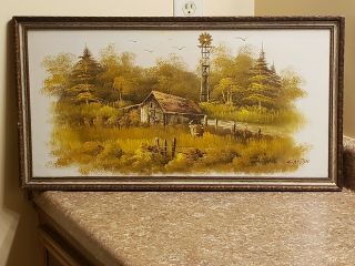 Vintage Canvas Oil Painting Farm Country Scene Framed Signed Cayton
