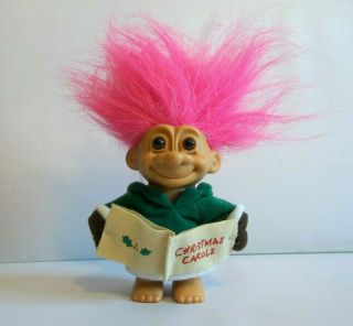Russ Pink Hair 5 " Tall Christmas Carols Book Troll Doll In Green Suit