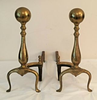 Antique Brass Cannon Ball Andirons / Fireplace Tools