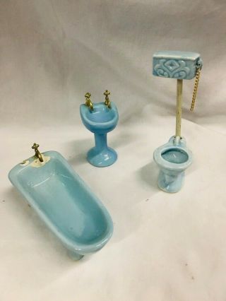 Vintage Dollhouse Furniture Miniature Accessories Porcelain Bath Tub Toilet Sink
