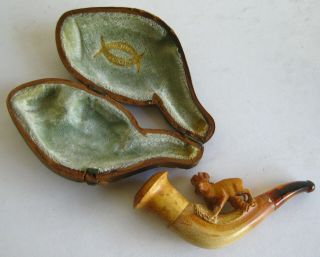 Fine Antique Hand Carved Stag Meerschaum Pipe & Presentation Case 2