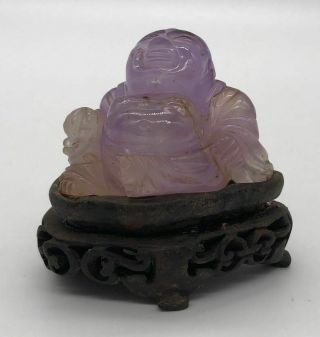 Chinese Carved Amethyst Buddha On Wooden Stand - - 2 - 3/8 " Tall