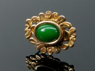 Antique Vintage Etched Gold Filled Green Jade Glass Stone Brooch Pin Edwardian