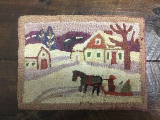 Vintage Small Hooked Rug Folk Art 12.  5” X 9.  25” Winter Scene Horse And Sled