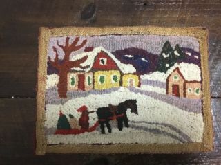Vintage Small Hooked Rug Folk Art 12.  5” x 9.  25” Winter Scene Horse and Sled 2