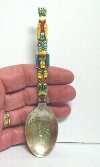 Antique Sterling Silver Enamel Vancouver Bc Souvenir Spoon Totem Pole 22.  4 Grams