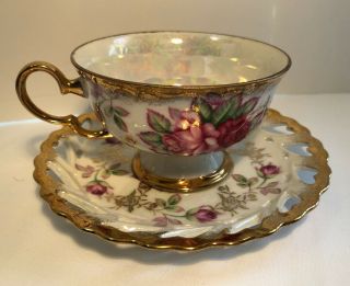 Vintage Lm Royal Halsey Footed Teacup And Saucer Pink Iridescent Heavy Gold