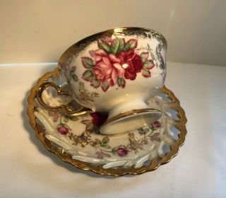 Vintage LM Royal Halsey Footed Teacup and Saucer Pink Iridescent Heavy Gold 2