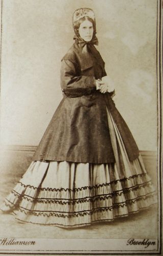 Antique Cw Era Cdv Young Woman Lovely Hoop Dress Coat Bonnet Brooklyn Tax Stamp