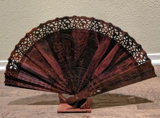Hand Carved Decorative Wooden Fan With Stand From Chengdu China