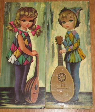 Two Vintage Eden Big Eyes Children Harlequin With Mandolins