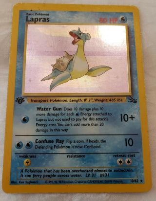 1st Edition Lapras Fossil Set 10/62 Rare Holo - Foil Pokemon Card With Card Sleeve