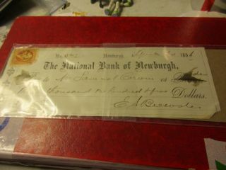 Antique Check - Civil War Era - National Bank Of Newburgh - Apr.  20,  1865