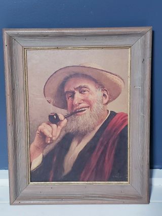 Vintage Franklin Art Print Picture Framed Old Man In Hat With Pipe